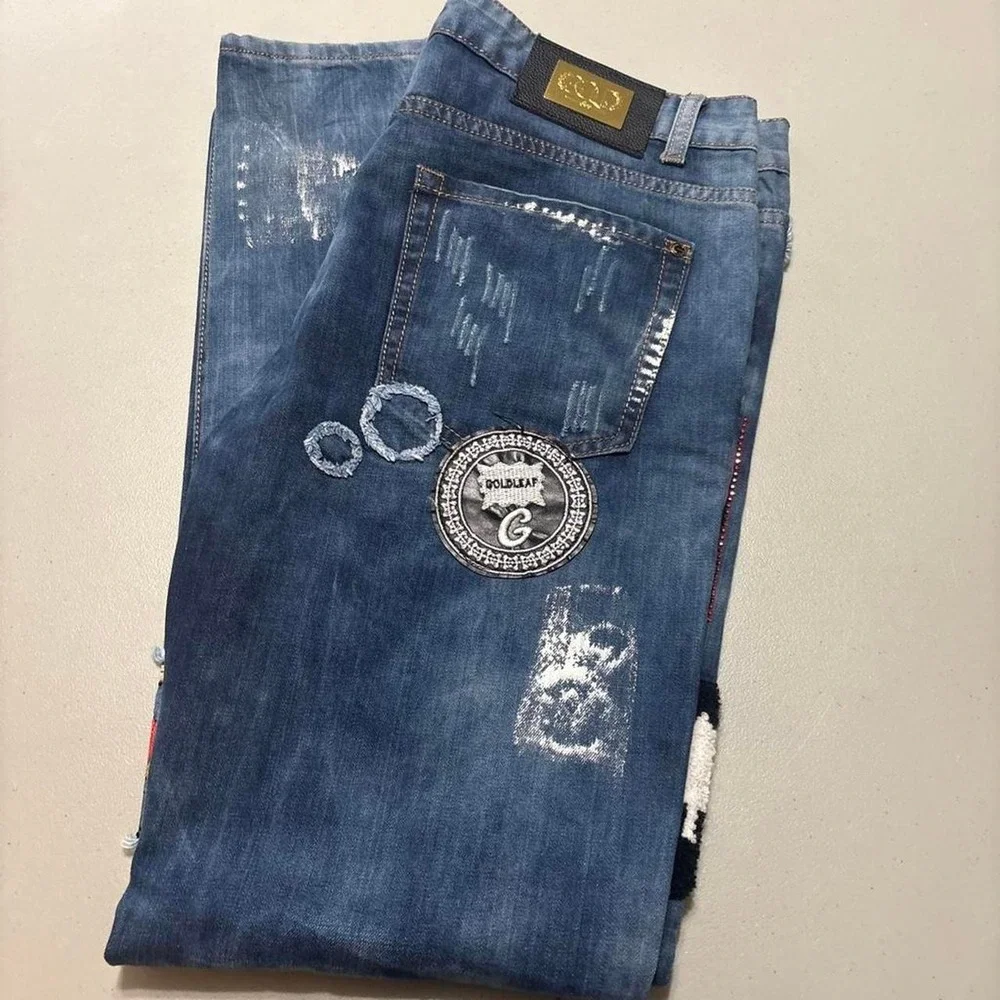 Gold Leaf Jeans Mens 36X32 Blue Selvedge Distressed Paint Splatter Heavy Patches